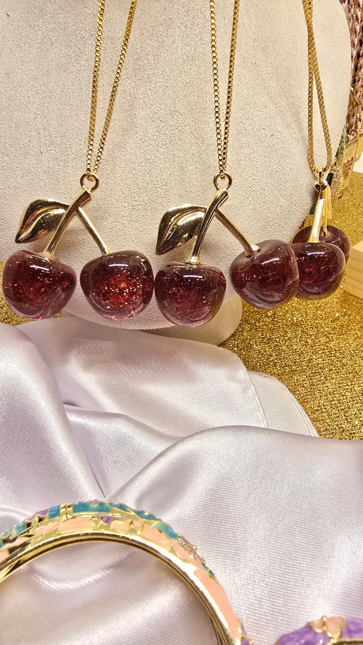 Kirschen Halskette 18K Vergoldet - Cherry Red Anhänger 50cm