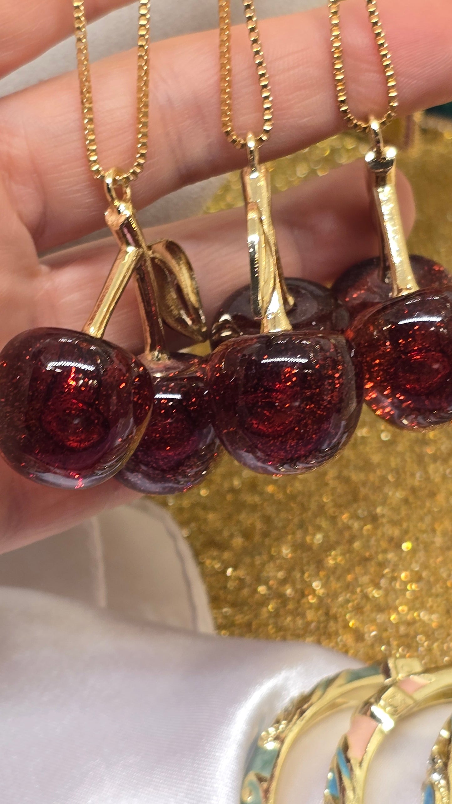 Kirschen Halskette 18K Vergoldet - Cherry Red Anhänger 50cm