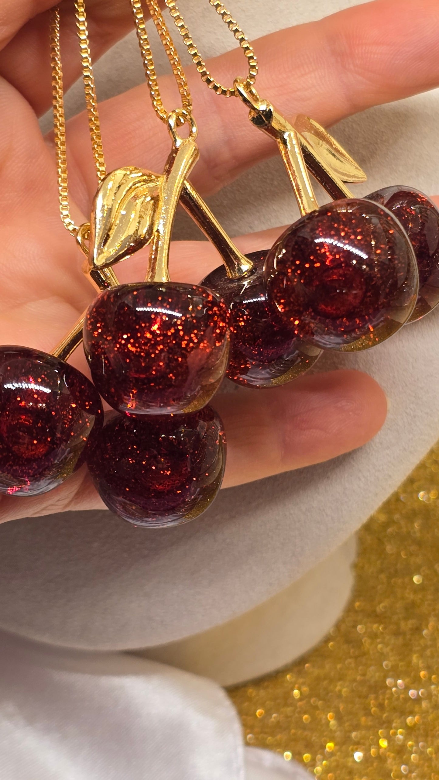 Kirschen Halskette 18K Vergoldet - Cherry Red Anhänger 50cm