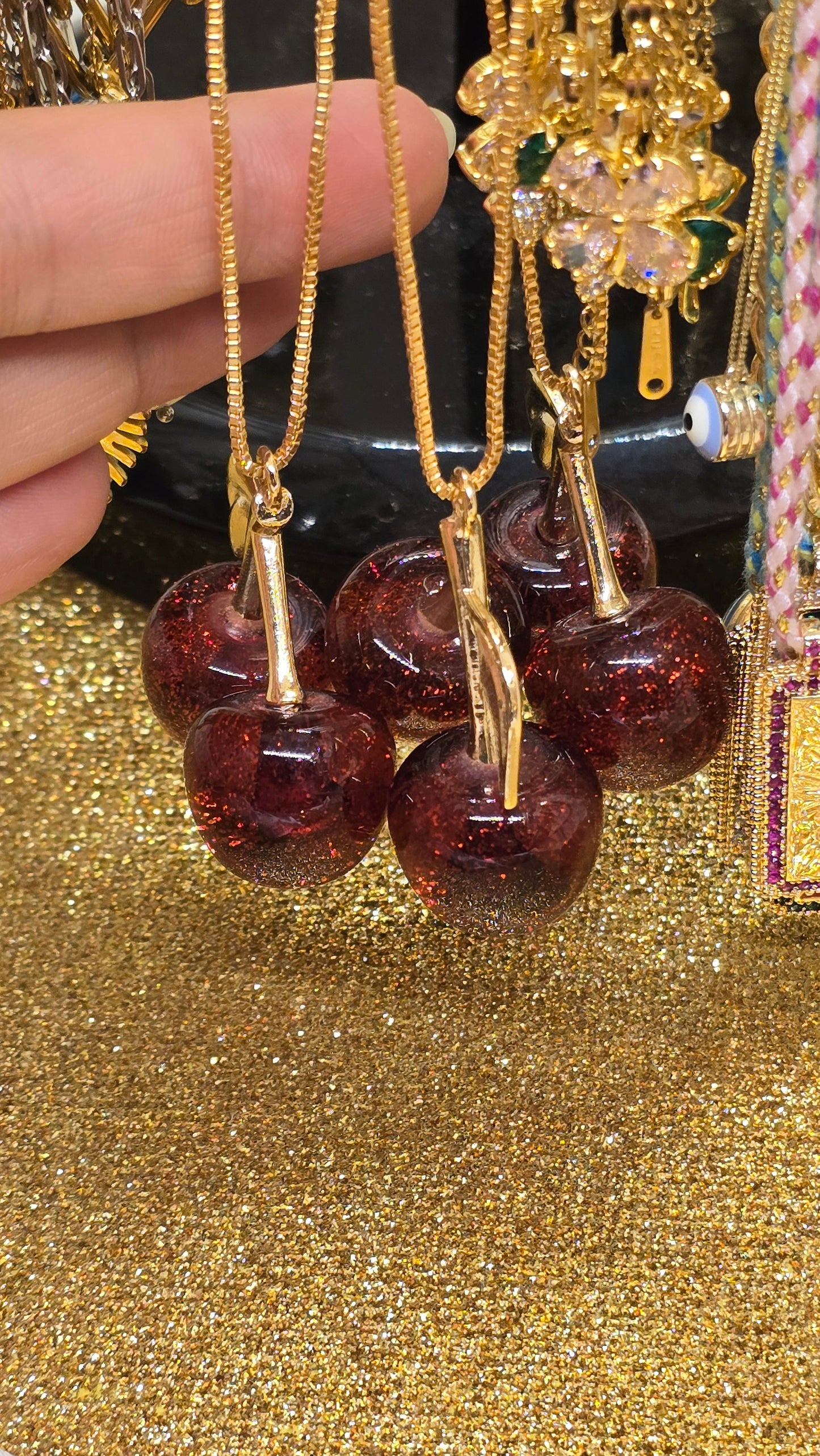 Kirschen Halskette 18K Vergoldet - Cherry Red Anhänger 50cm