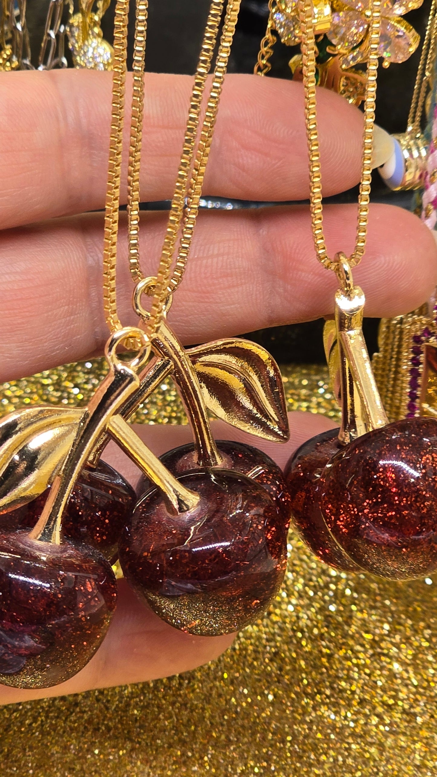 Kirschen Halskette 18K Vergoldet - Cherry Red Anhänger 50cm