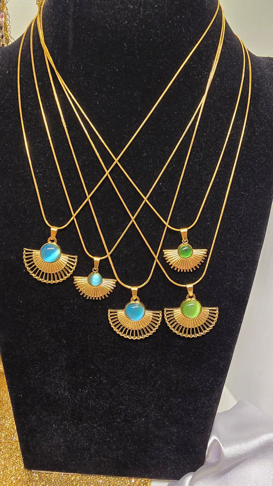 Egyptian Fan 18k Pendant Necklace - Gold Plated Jewelry with Natural Stone