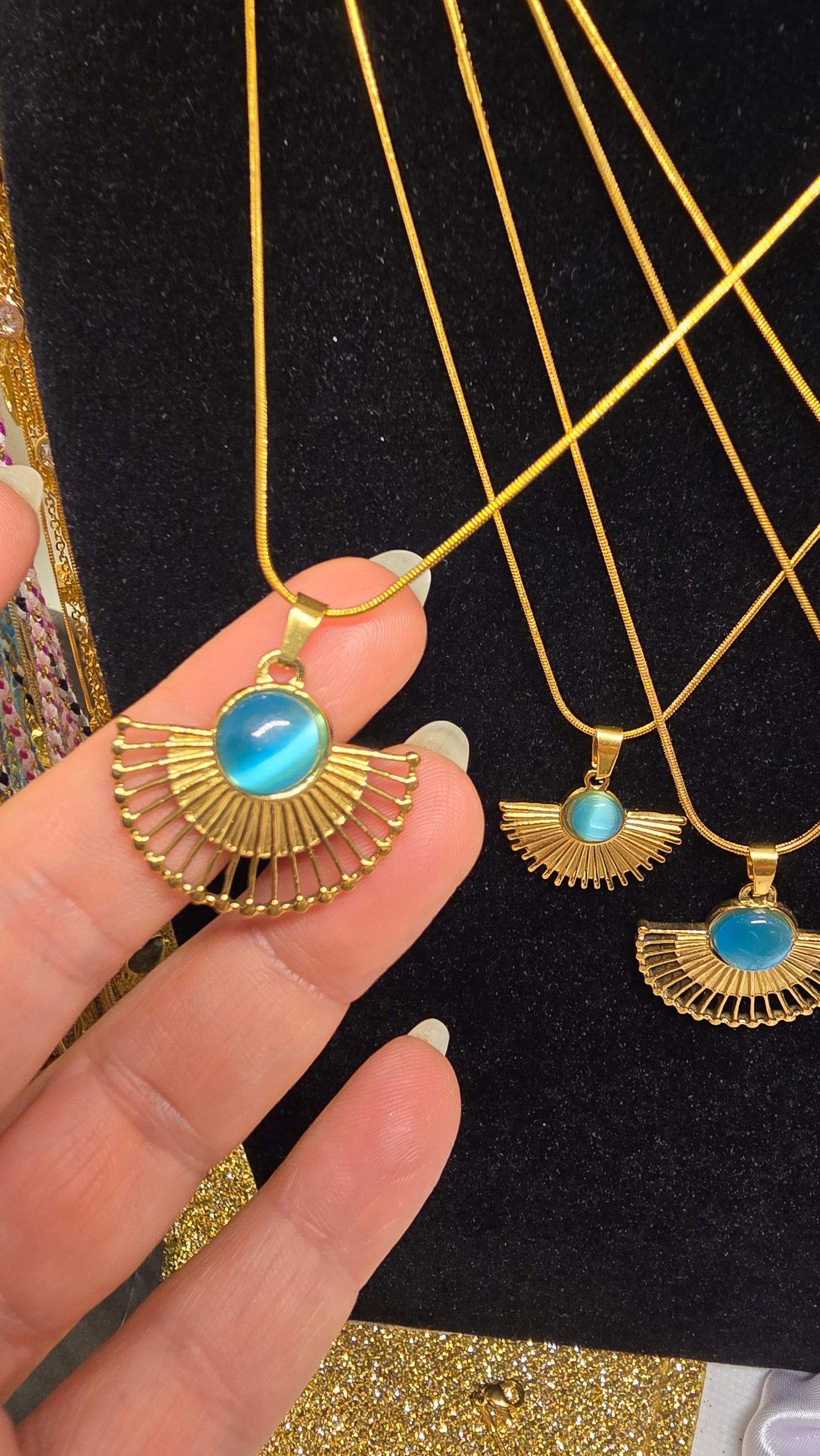 Egyptian Fan 18k Pendant Necklace - Gold Plated Jewelry with Natural Stone