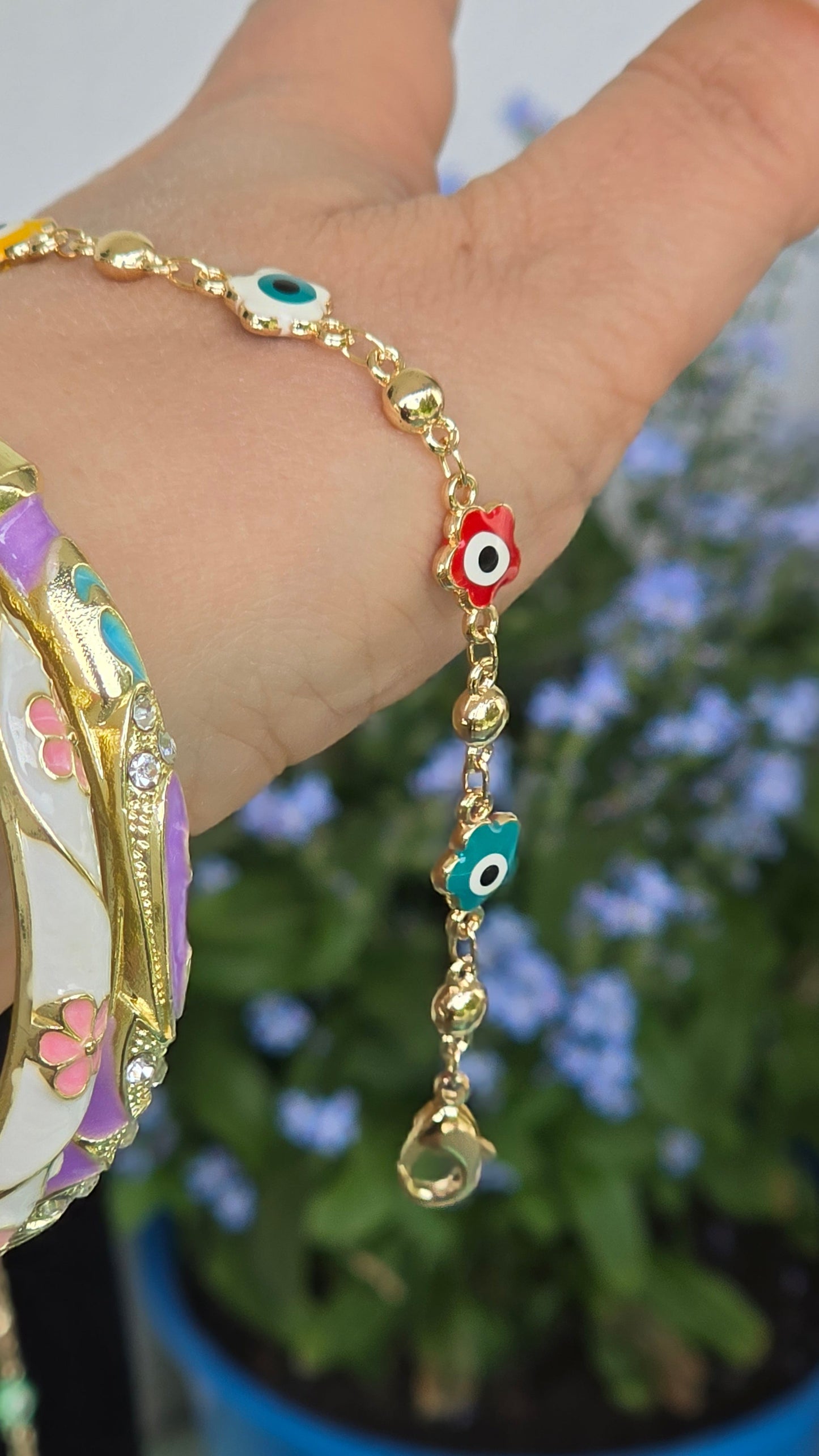 Böses Auge Schmuck-Set – Vergoldete Halskette, Armband & Ohrringe mit bunten Nazar-Anhängern