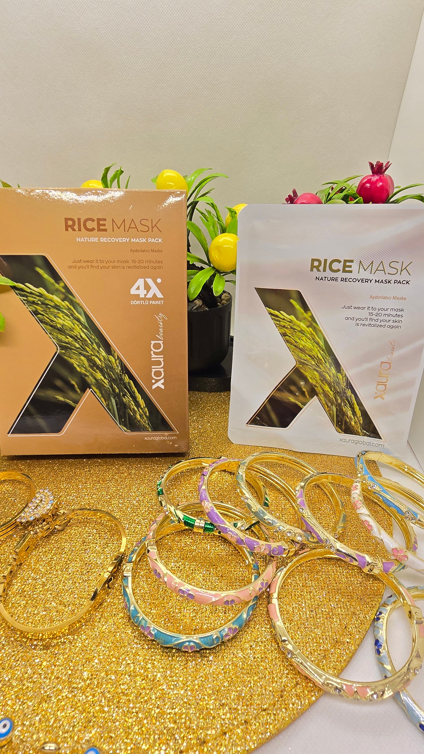 Xaura Rice Mask Set aus Korea – Kollagen-Baumwolllagen, 4 Masken🌸 Xaura Rice Mask Set aus Korea – Collagen Cotton Sheets, 4 Masken