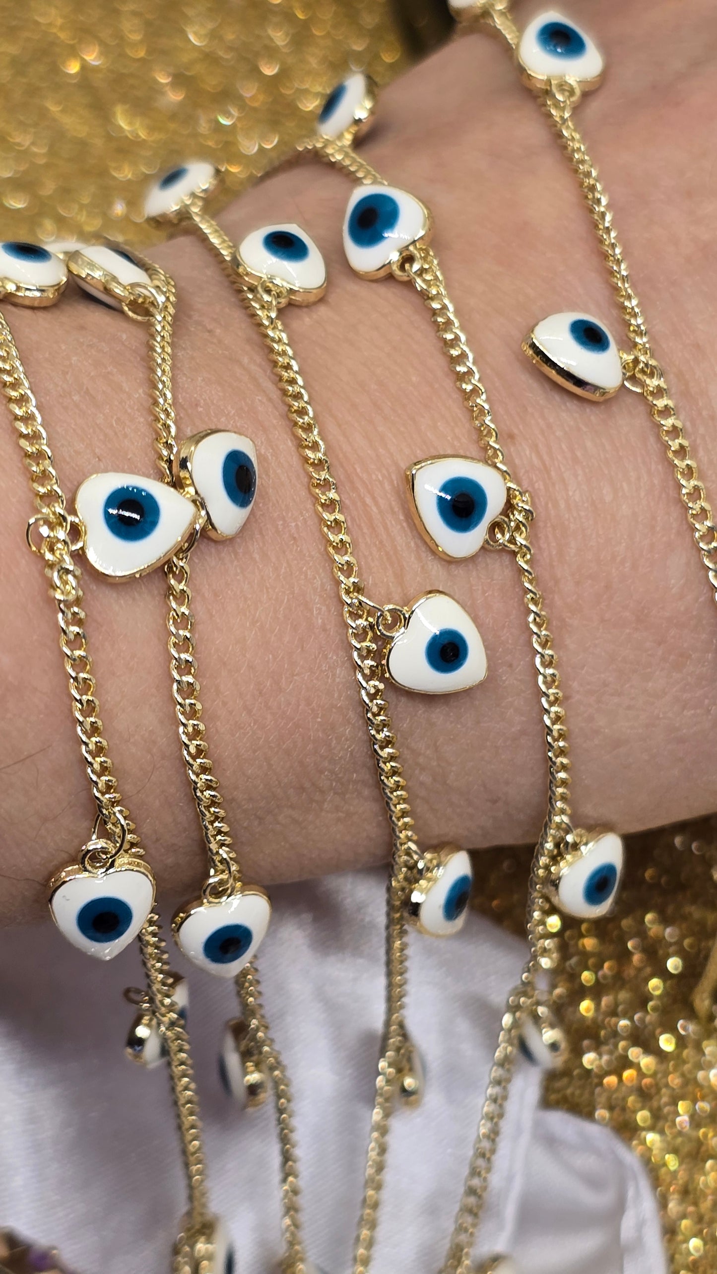 Heart Shaped Evil Eye Bracelet White with Blue Eye 18k Gold Plated 20+6 cm Adjustable