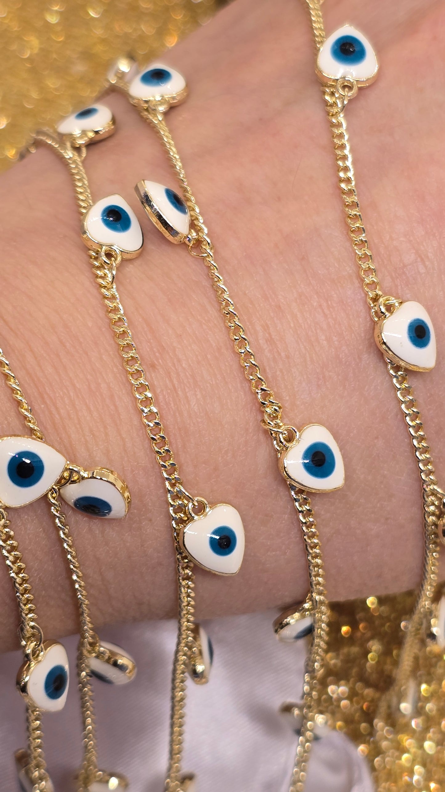 Heart Shaped Evil Eye Bracelet White with Blue Eye 18k Gold Plated 20+6 cm Adjustable