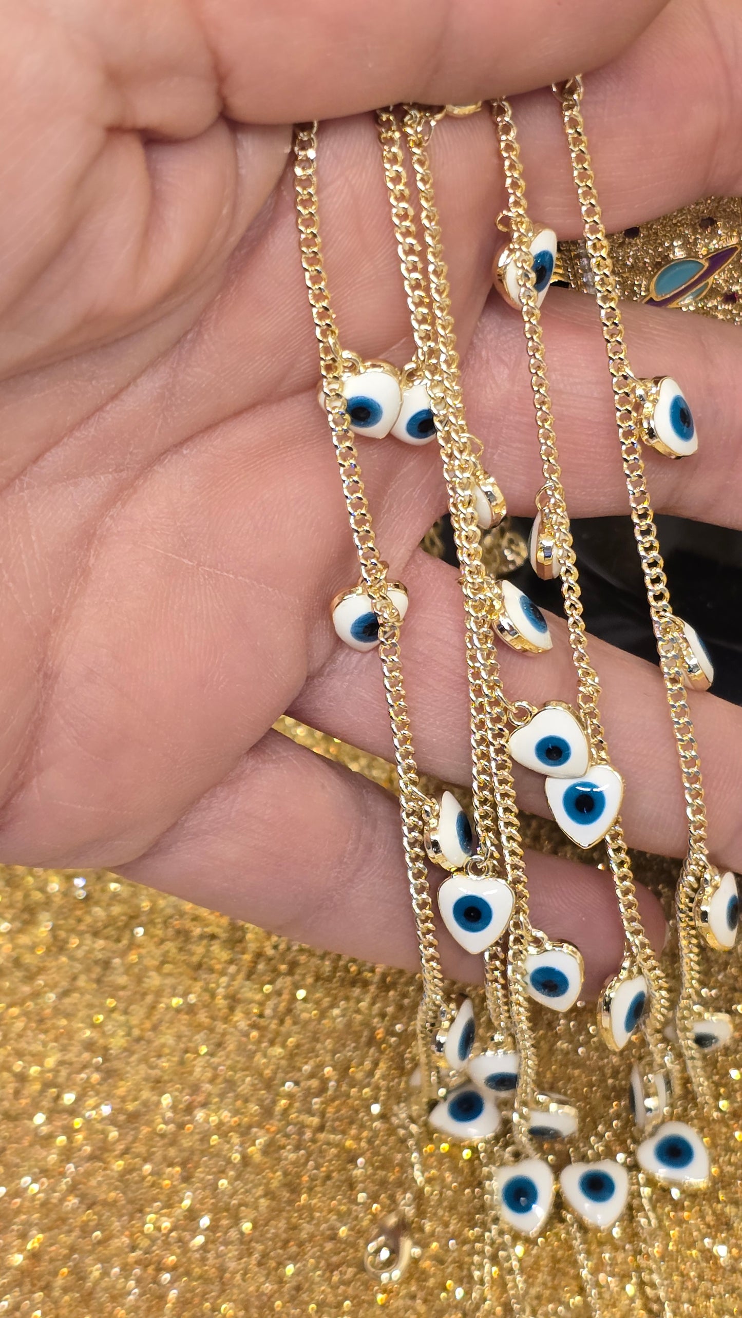 Heart Shaped Evil Eye Bracelet White with Blue Eye 18k Gold Plated 20+6 cm Adjustable
