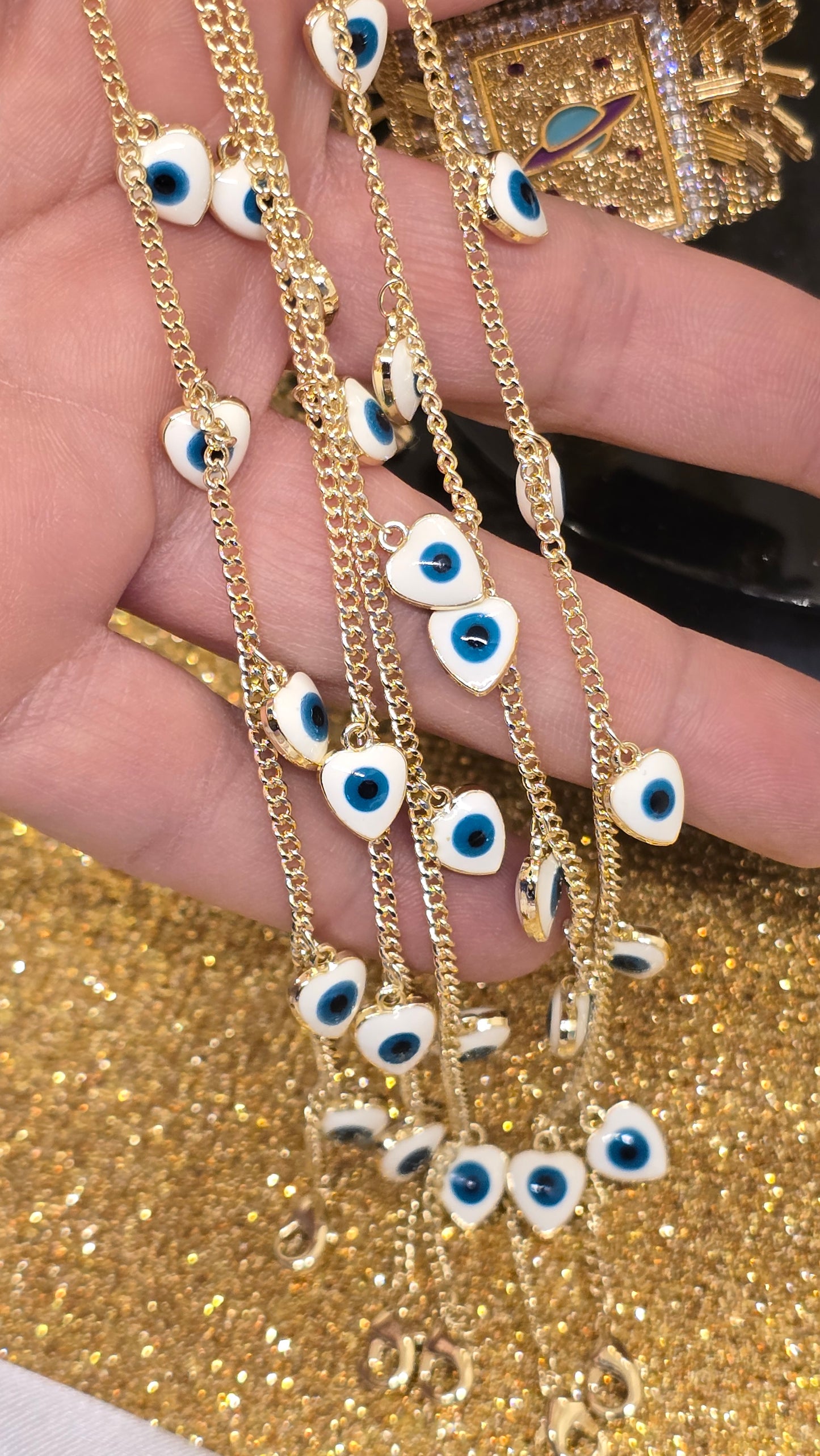 Heart Shaped Evil Eye Bracelet White with Blue Eye 18k Gold Plated 20+6 cm Adjustable