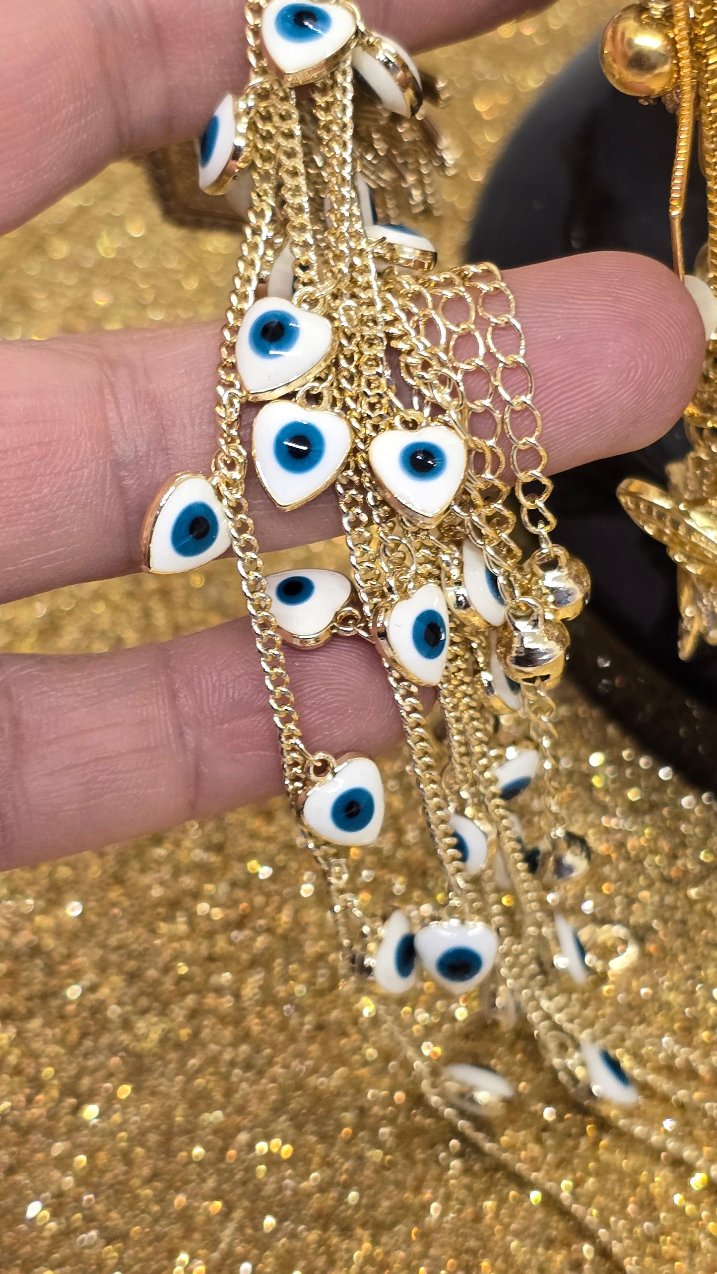 Heart Shaped Evil Eye Bracelet White with Blue Eye 18k Gold Plated 20+6 cm Adjustable