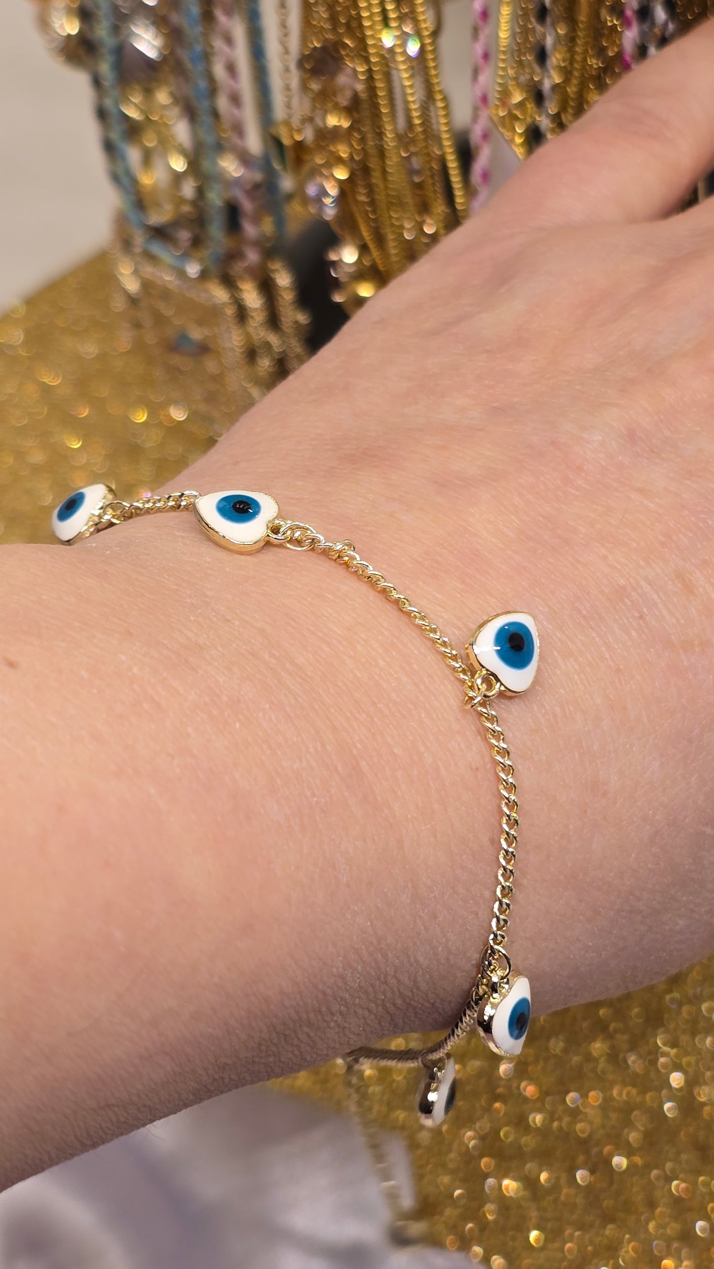 Heart Shaped Evil Eye Bracelet White with Blue Eye 18k Gold Plated 20+6 cm Adjustable