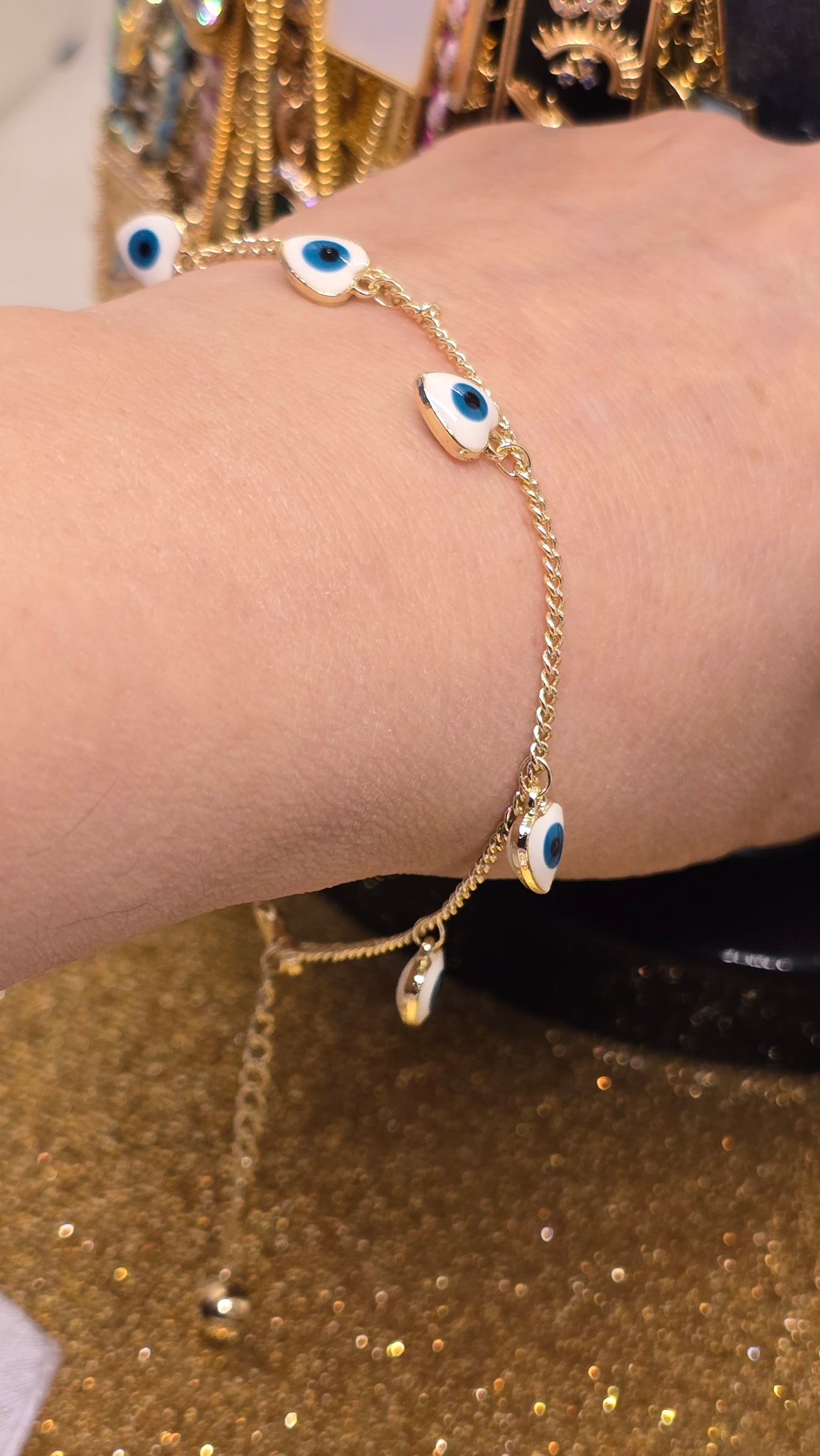 Heart Shaped Evil Eye Bracelet White with Blue Eye 18k Gold Plated 20+6 cm Adjustable