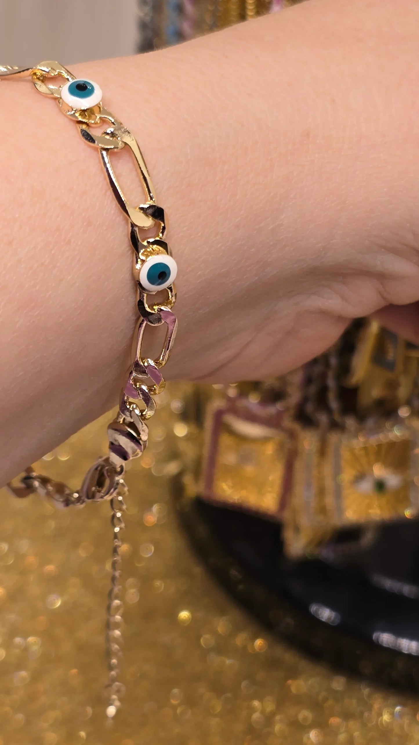 18K Vergoldetes Evil Eye Armband Weiß mit Grünem Auge | Nazar Schutz Kette 19+6cm - Beautyway073 Düsseldorf Germany