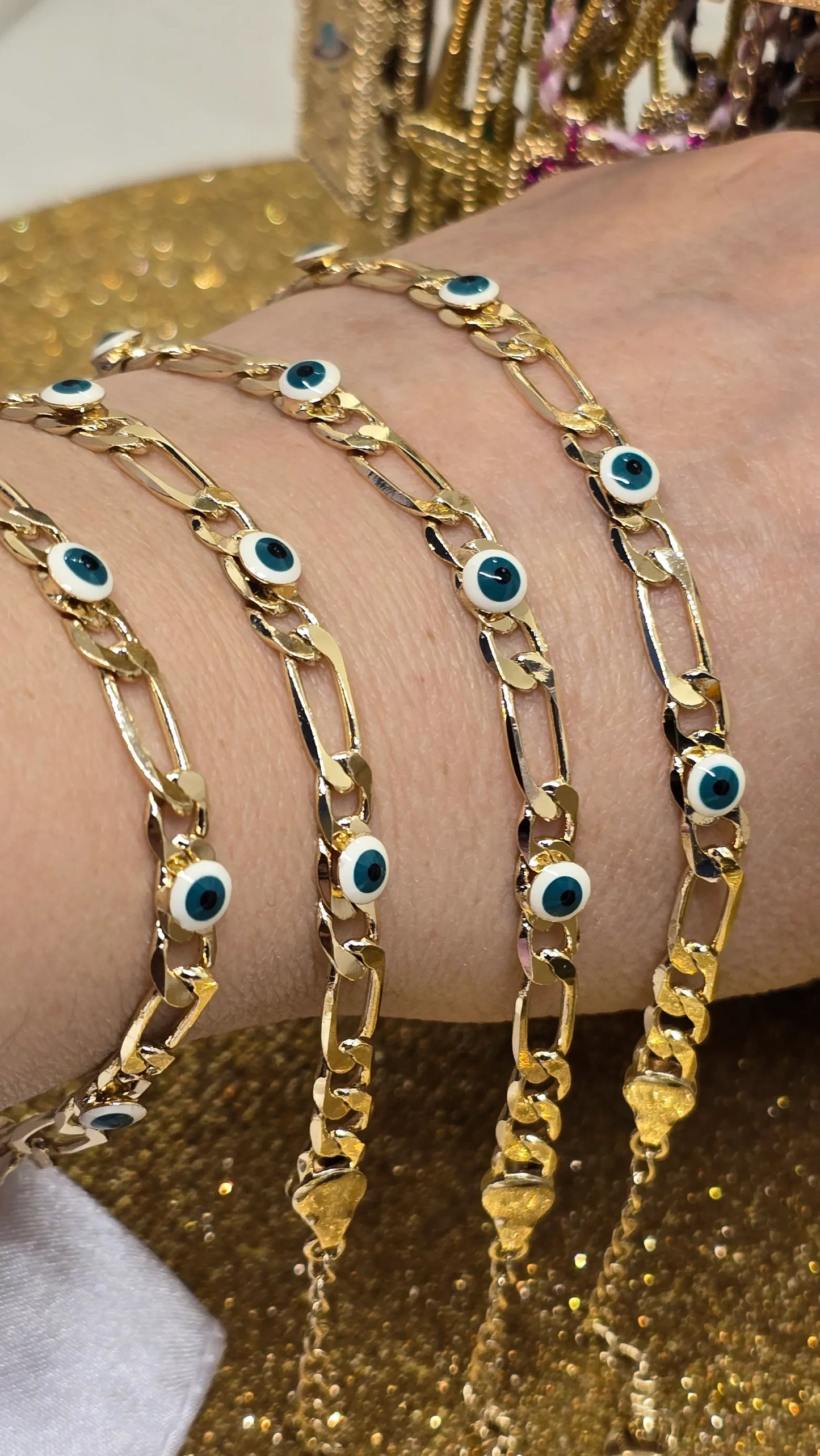 18K Vergoldetes Evil Eye Armband Weiß mit Grünem Auge | Nazar Schutz Kette 19+6cm - Beautyway073 Düsseldorf Germany
