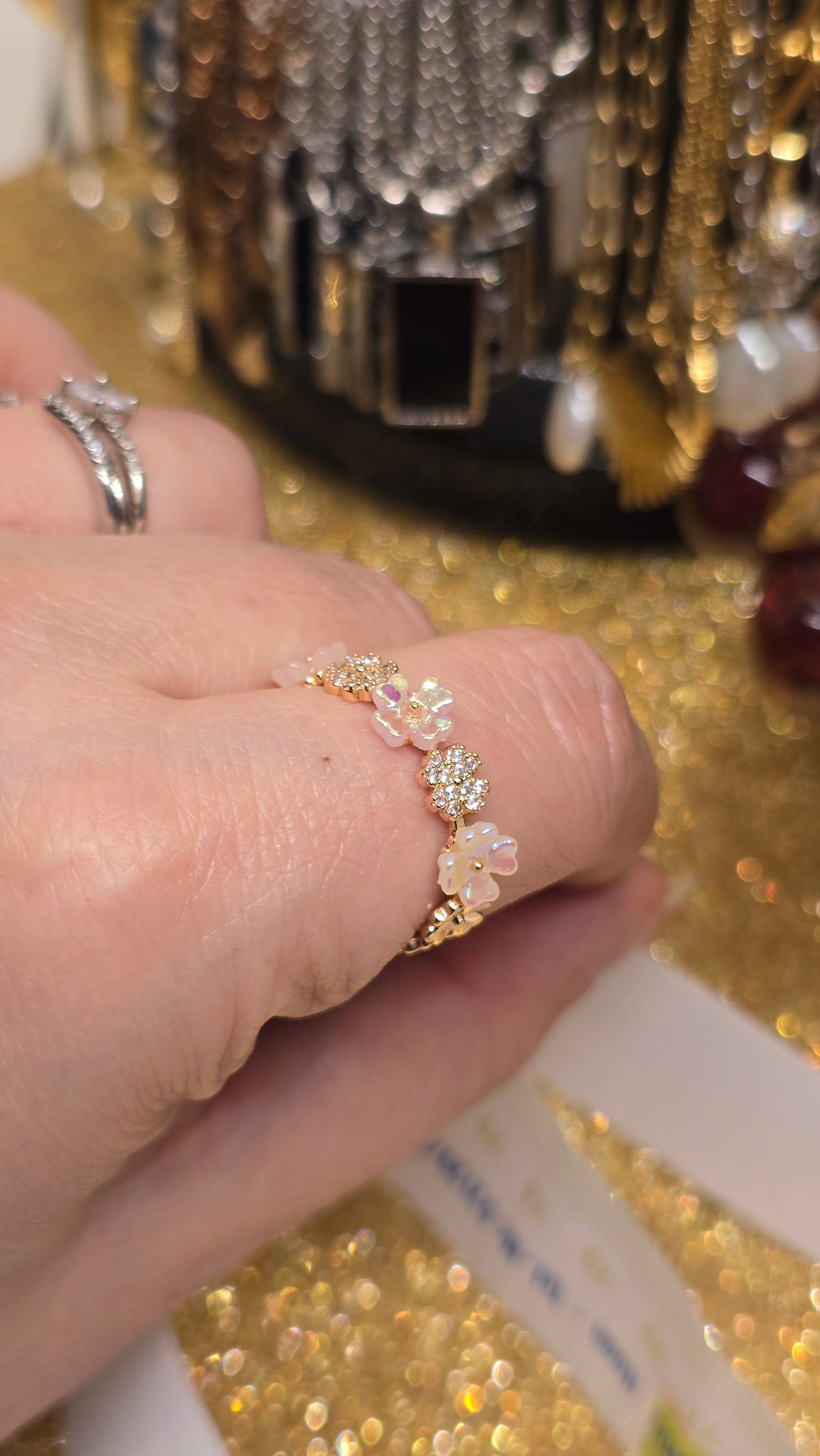 Adjustable Floral Opal Ring 18k Gold Plated | Chemical Resistant & Elegant