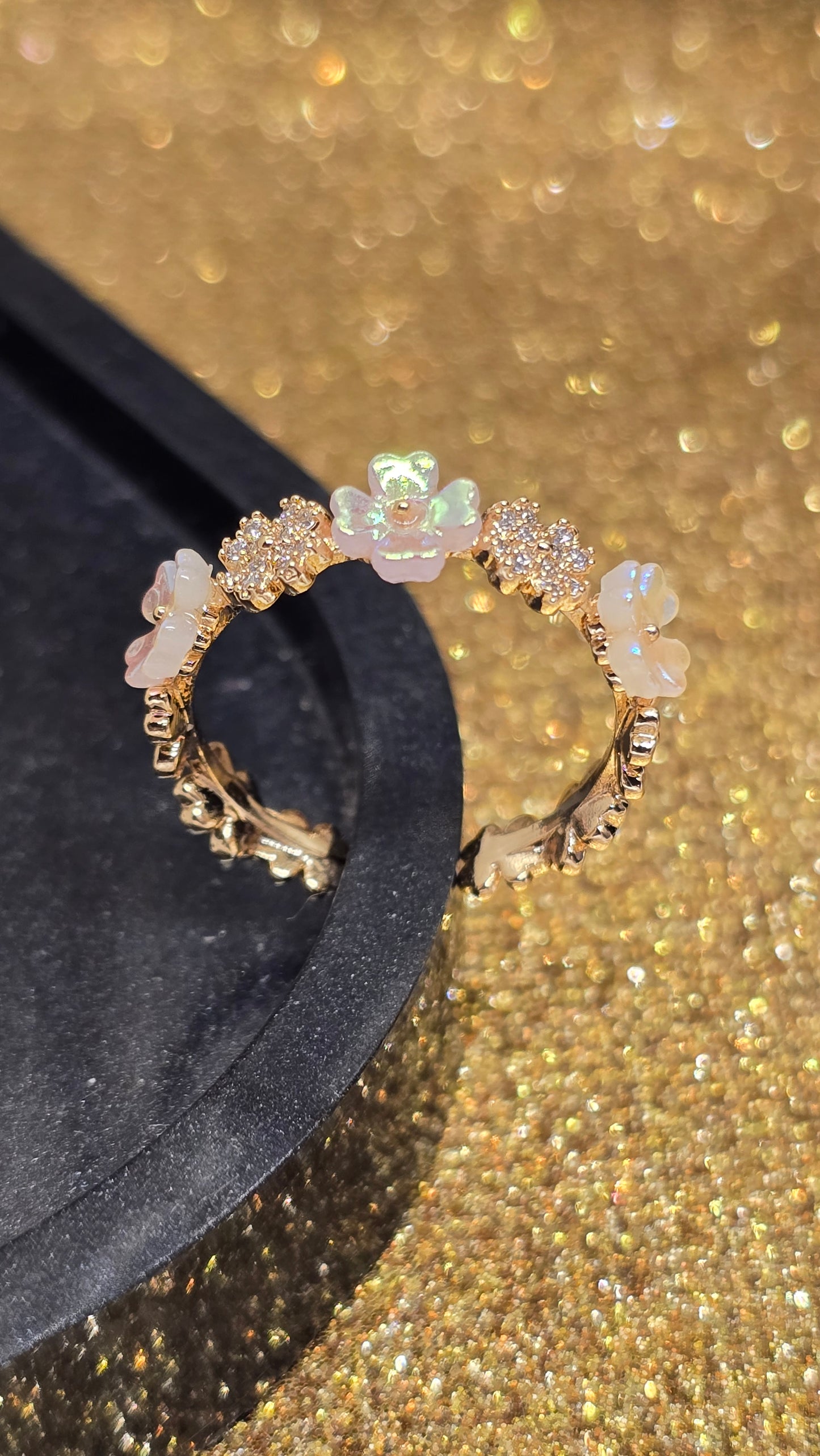 Adjustable Floral Opal Ring 18k Gold Plated | Chemical Resistant & Elegant