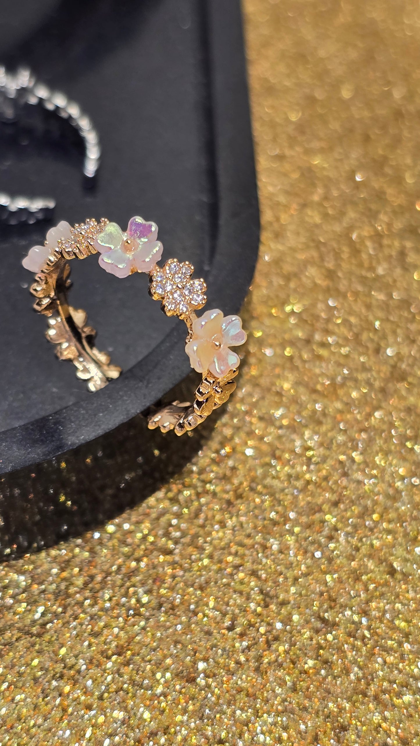 Adjustable Floral Opal Ring 18k Gold Plated | Chemical Resistant & Elegant