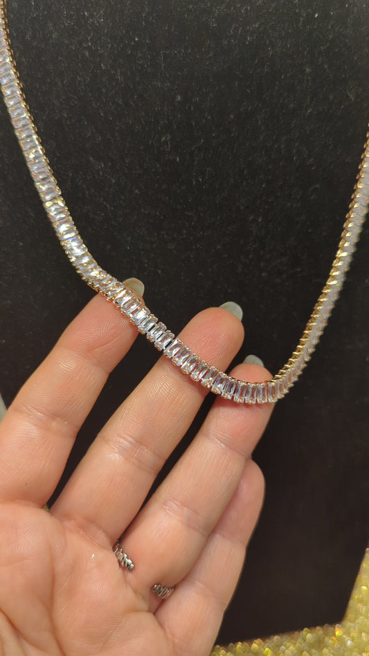 Tennis-Halsband, Baguette-Schmuck, Halskette, Halskette aus Gold und Silber, ideal als Geschenk für Sie