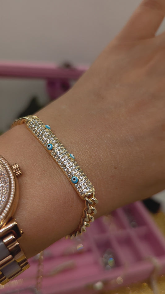 Glänzendes Edelstahl-Armband Jewelry mit goldener Beschichtung und blauen Schutzaugen Evileye minimalist Armband Armreif ideal für's Geschenk