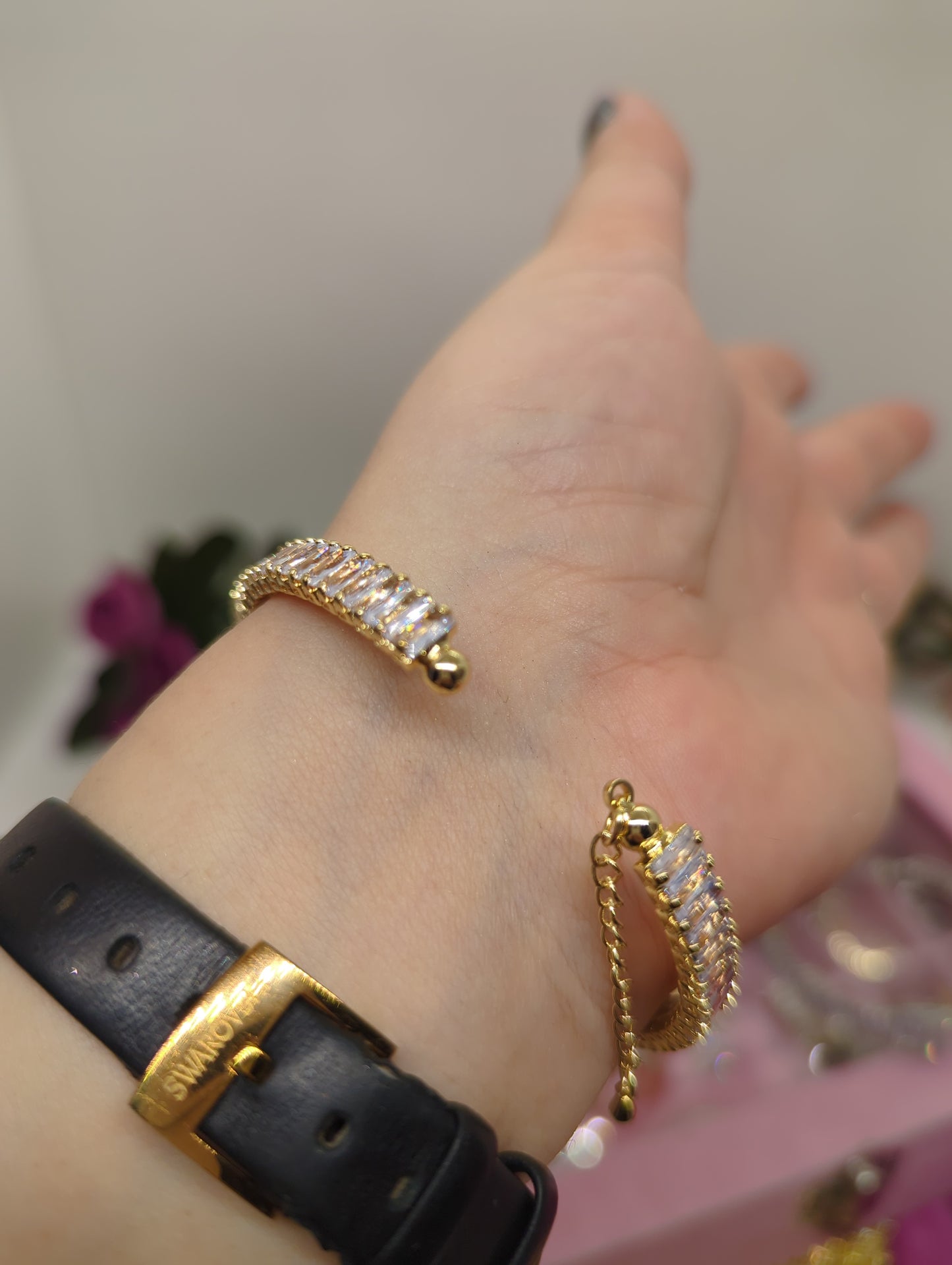 Baguette Tennis Choker Armband aus vergoldetem und versilbertem Jewelry Edelstahl mit Zirkonia-Besatz