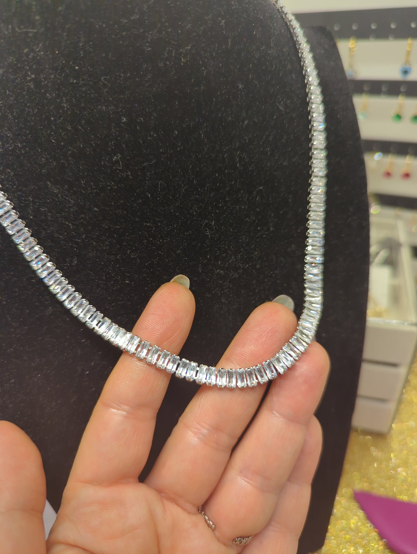 Tennis-Halsband, Baguette-Schmuck, Halskette, Halskette aus Gold und Silber, ideal als Geschenk für Sie