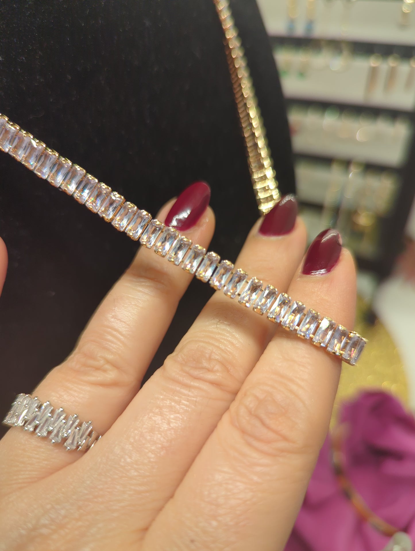 Tennis-Halsband, Baguette-Schmuck, Halskette, Halskette aus Gold und Silber, ideal als Geschenk für Sie