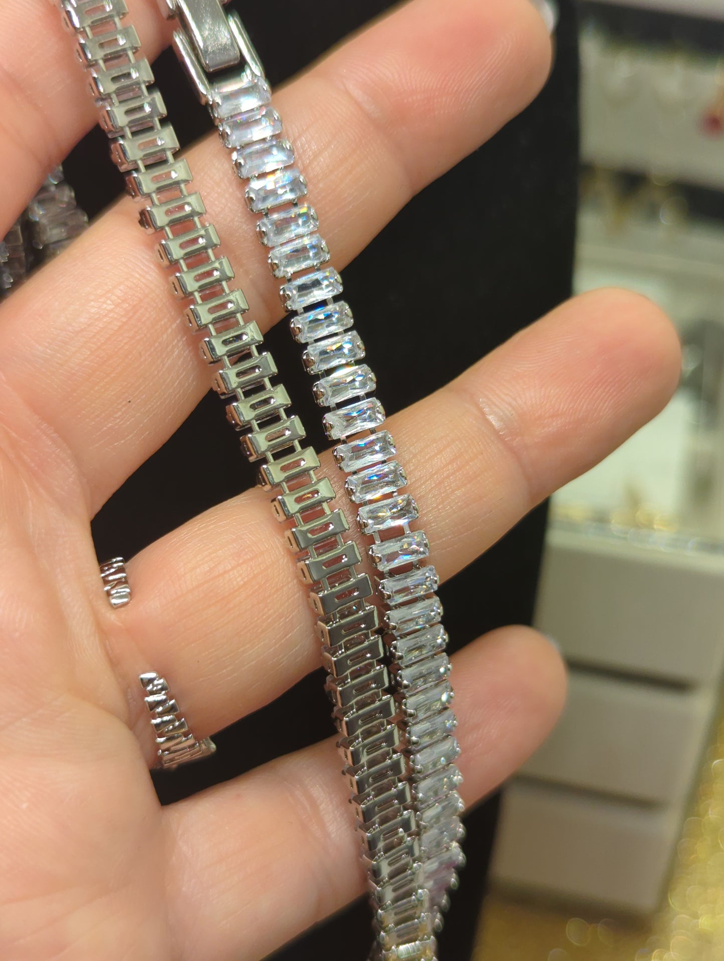 Tennis-Halsband, Baguette-Schmuck, Halskette, Halskette aus Gold und Silber, ideal als Geschenk für Sie