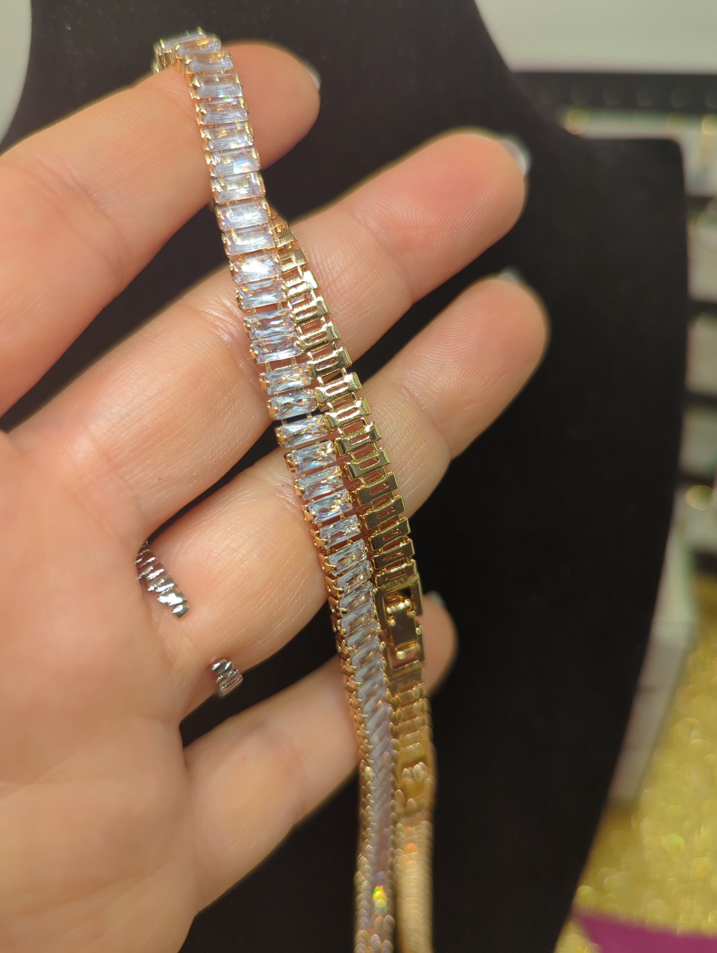 Tennis-Halsband, Baguette-Schmuck, Halskette, Halskette aus Gold und Silber, ideal als Geschenk für Sie