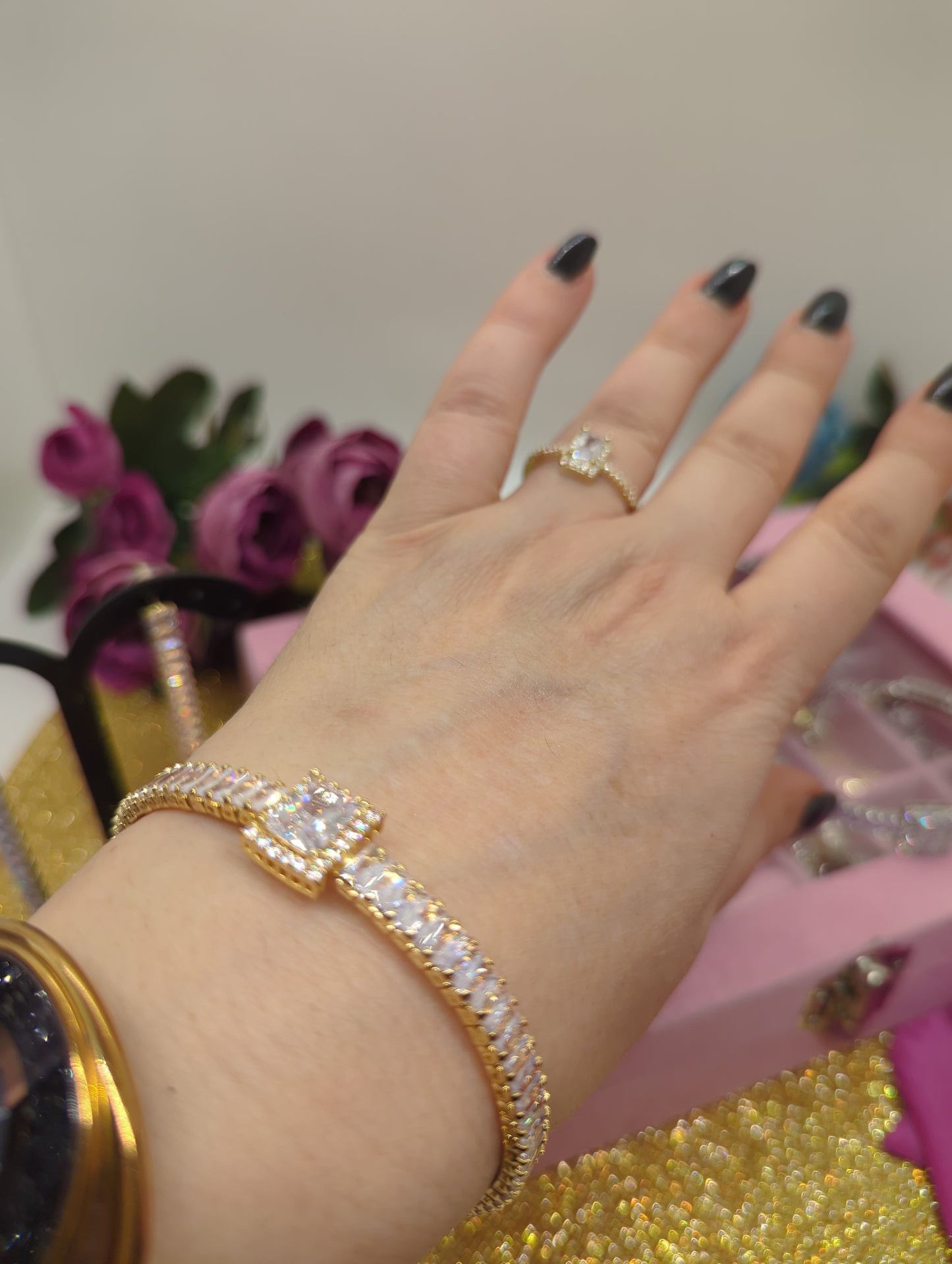 Baguette Tennis Choker Armband aus vergoldetem und versilbertem Jewelry Edelstahl mit Zirkonia-Besatz