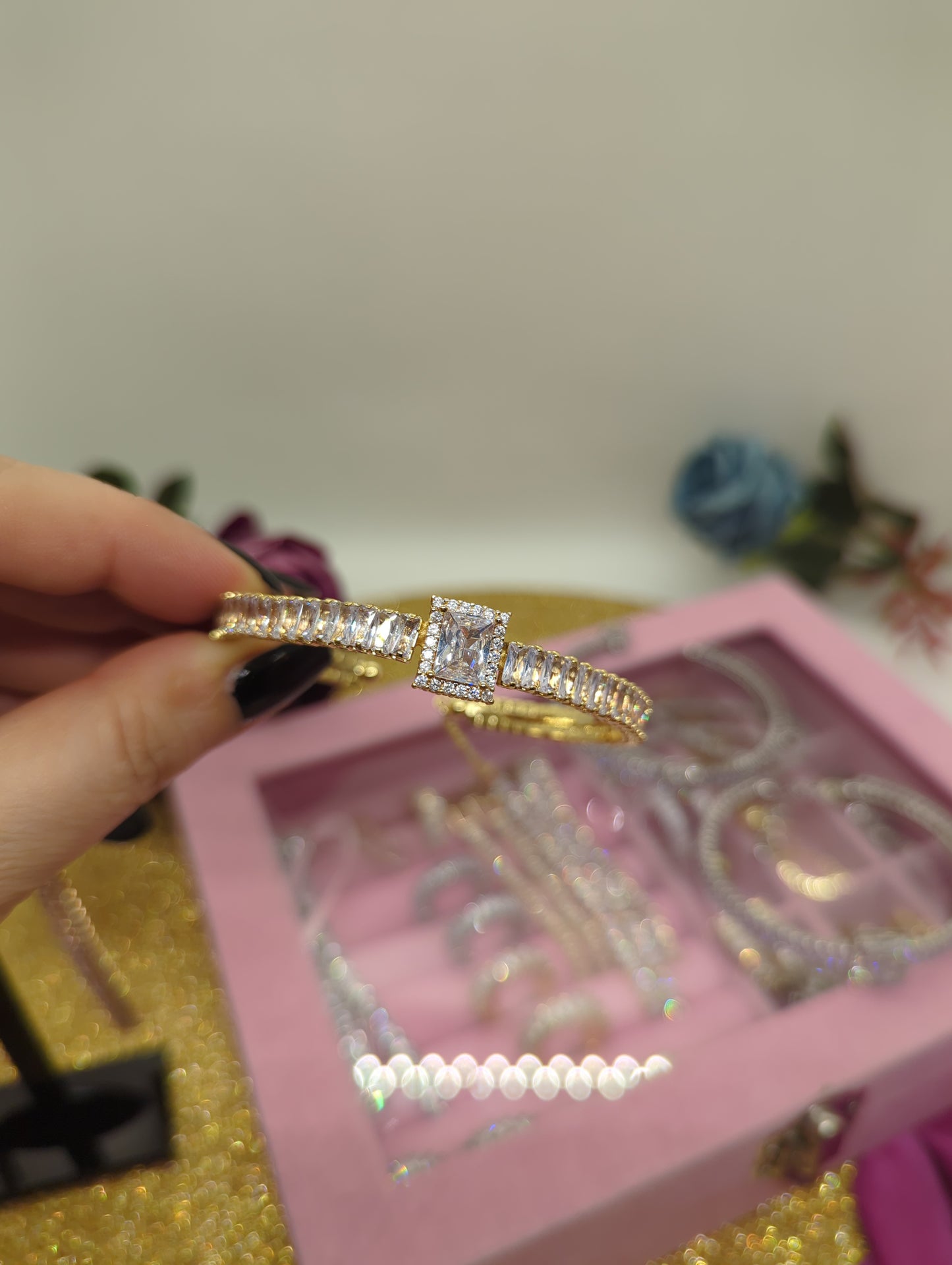 Baguette Tennis Choker Armband aus vergoldetem und versilbertem Jewelry Edelstahl mit Zirkonia-Besatz